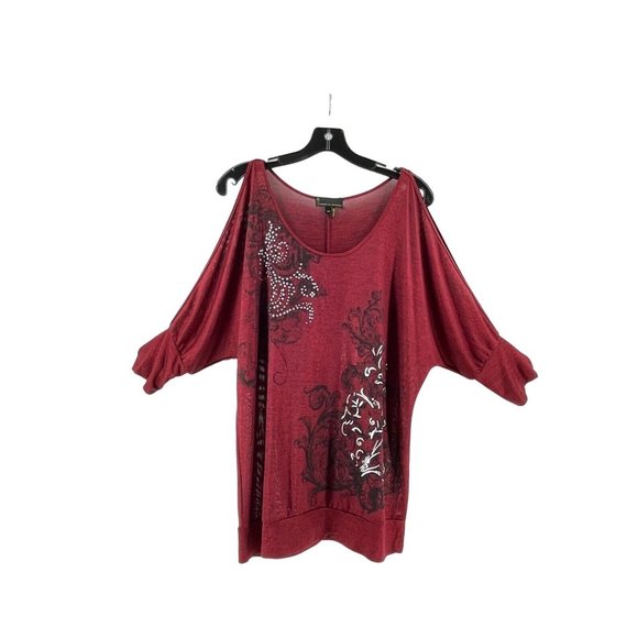 i Jeans by Buffalo Women's Metallic Red Knit Shirt Top Blouse Rhinestones Size M - Picture 2 of 12